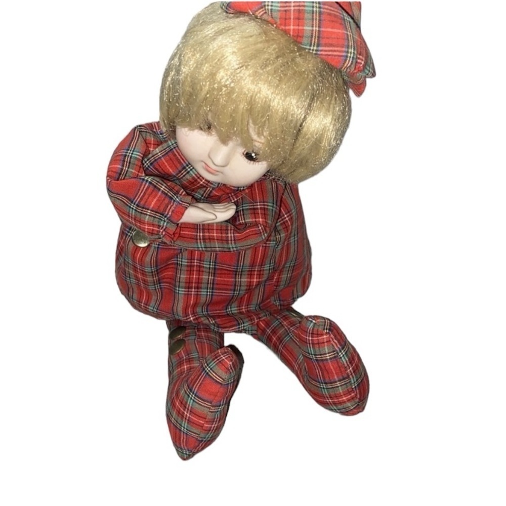 Schmid vintage blonde doll with windup music; red plaid dress, socks and beret